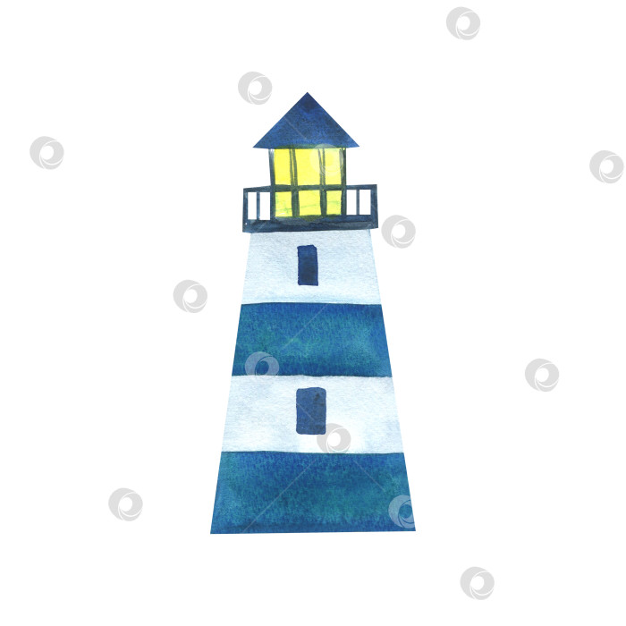 Скачать Полосатый маяк в морских синих и желтых тонах. Акварельная иллюстрация, нарисованная от руки, в детском стиле. Изолированный объект на белом фоне фотосток Ozero