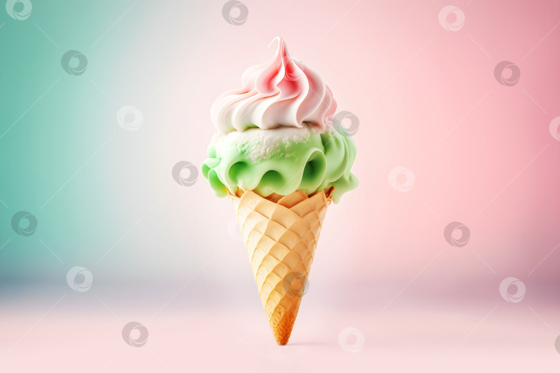 Скачать Рожок мороженого со вкусом мяты и клубники на модном розово-зеленом градиентном фоне фотосток Ozero