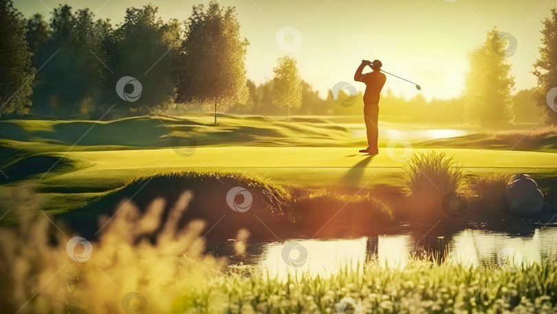 Скачать Силуэт человека, играющего в гольф на поле для гольфа на фоне красивого пейзажа фотосток Ozero