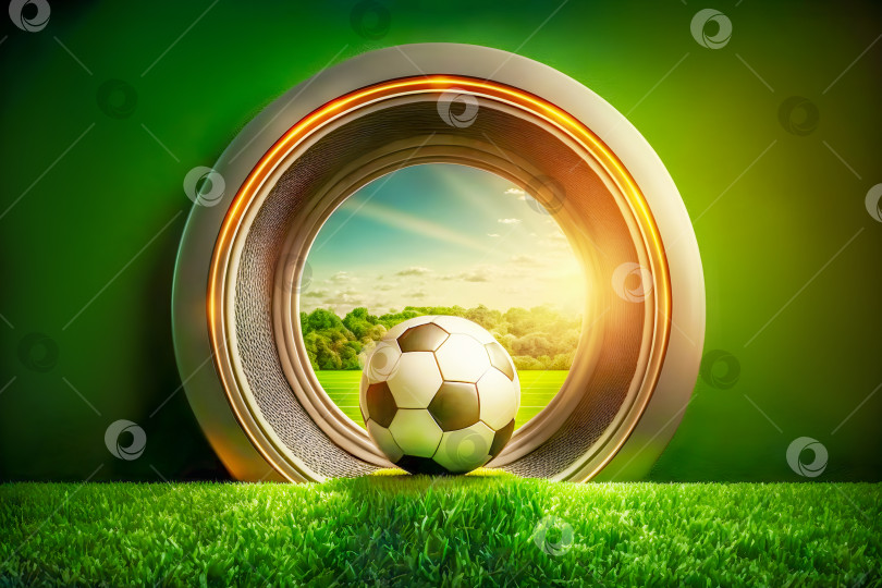Скачать Футбольный мяч на зеленой траве на фоне закатного пейзажа фотосток Ozero