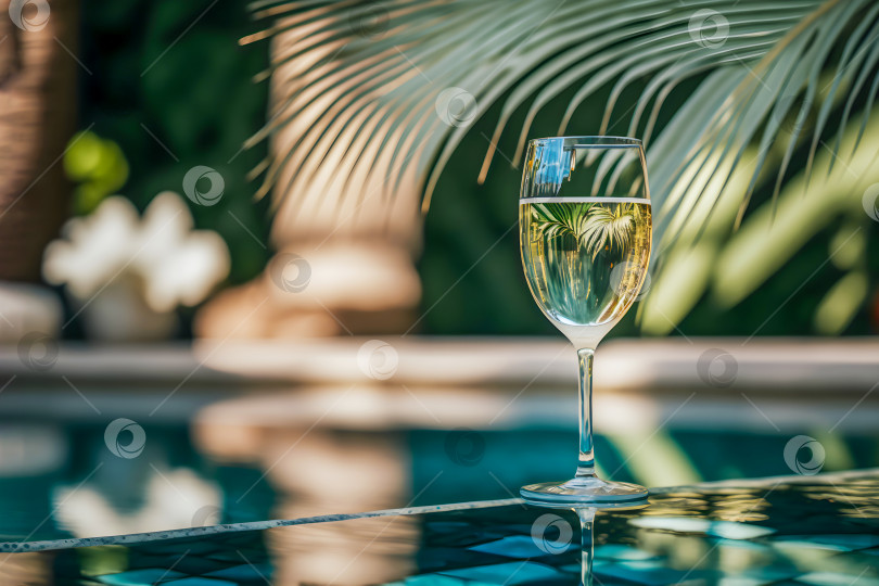 Скачать Концепция тропического курорта с бокалом шампанского и пальмовым листом фотосток Ozero