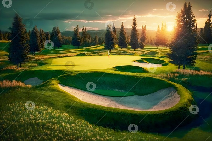Скачать Песчаные бункеры на прекрасном поле для гольфа с видом на горы во время заката фотосток Ozero