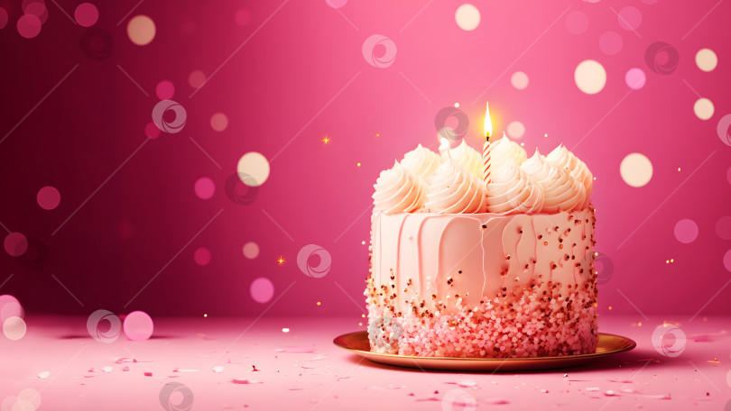 Скачать Праздничный торт с посыпкой и горящей свечой на розовом градиентном фоне фотосток Ozero