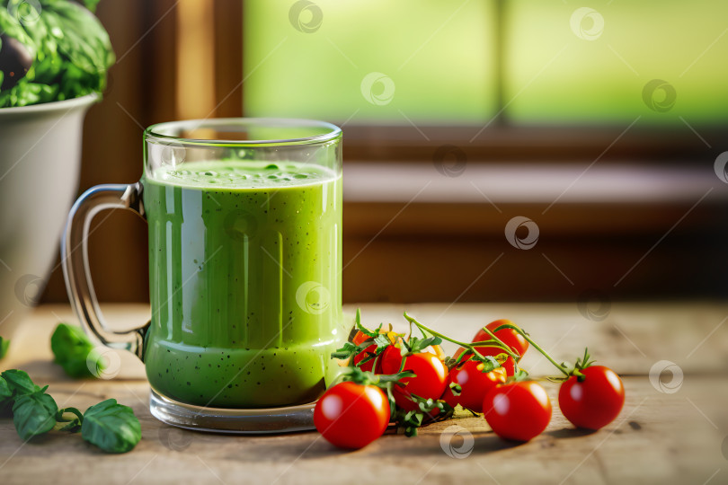 Скачать Стеклянная кружка со шпинатным смузи, помидорами черри и листьями шпината в миске фотосток Ozero
