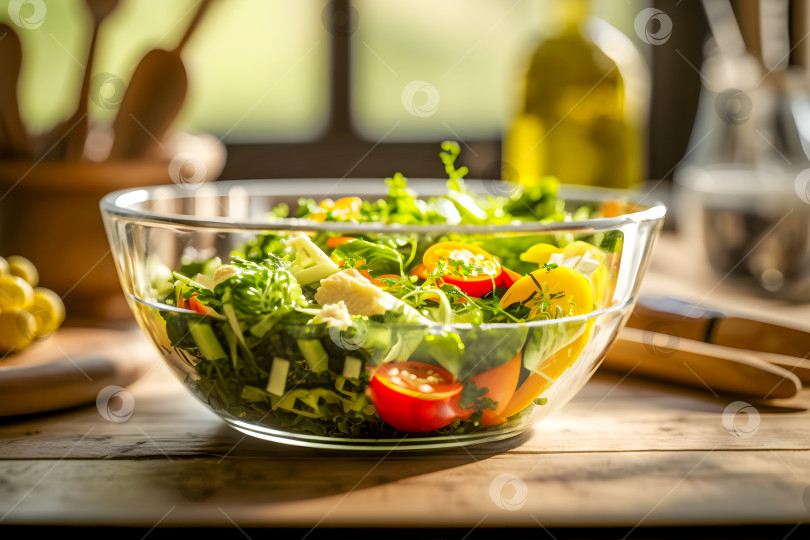 Скачать Свежий красочный овощной салат с овощами, зеленью и сыром фотосток Ozero