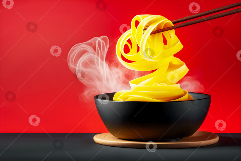 Скачать Черная миска с горячей вкусной лапшой быстрого приготовления с палочками для еды на черном столе на красном фоне фотосток Ozero