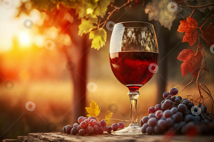 Скачать Бокал красного вина на деревянном столе с виноградными лозами на размытом пейзаже виноградника фотосток Ozero
