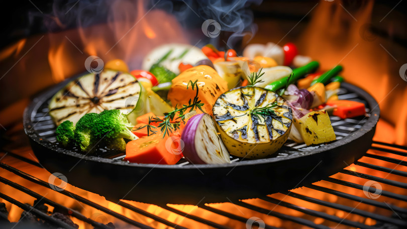 Скачать Сковорода с горячими вкусными натуральными овощами на гриле-барбекю на огне фотосток Ozero