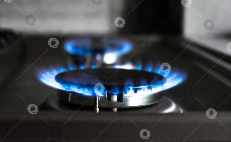 Скачать Крупный план голубого пламени из кухонной плиты. две газовые горелки с горящим пламенем. концепция экономики фотосток Ozero