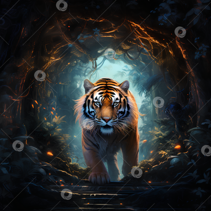 Скачать Мистическая Тайна: Рыжий Тигр в Тропической Пещере, AI фотосток Ozero
