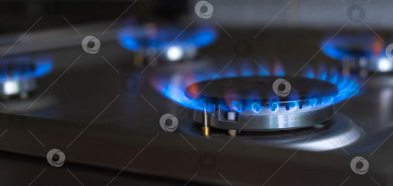 Скачать Крупный план голубого пламени из кухонной плиты. 4 газовые горелки с горящим пламенем. концепция экономии. широкий баннер фотосток Ozero