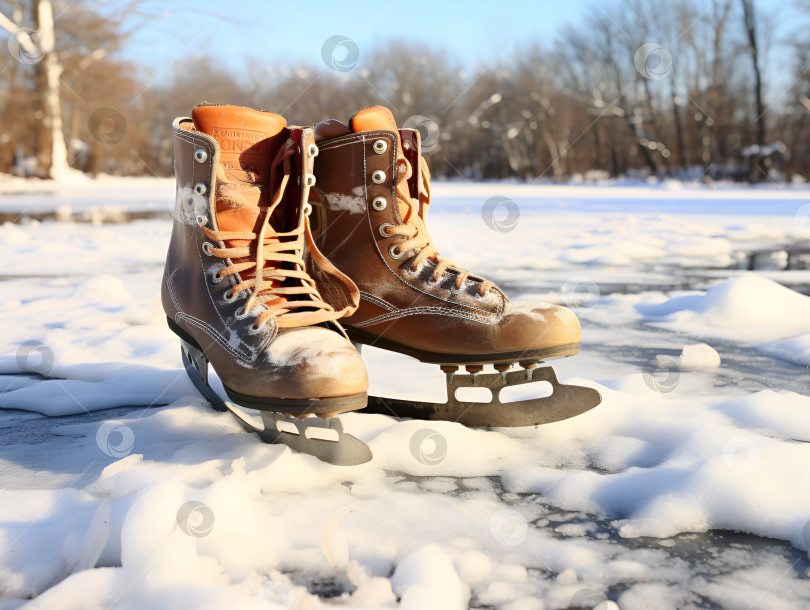 Скачать Пара винтажных коньков для катания по снегу за фунт. Старая коричневая фигурка на коньках в снегу, баннер зимней активности на открытом воздухе. Концепция зимних видов спорта. Созданный искусственным интеллектом фотосток Ozero