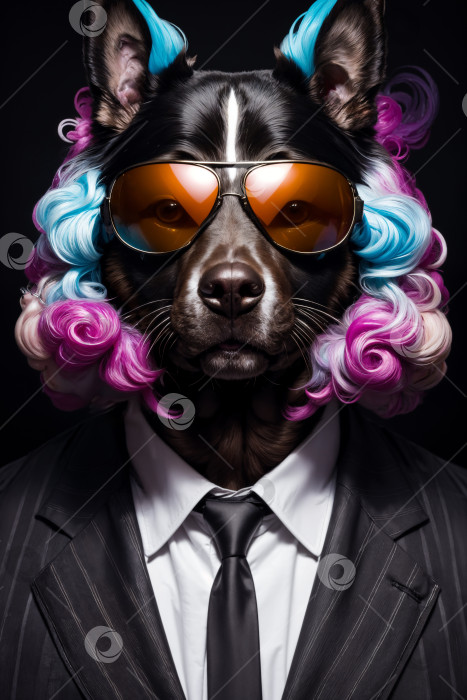 Скачать Портрет собаки в костюме, солнцезащитных очках и цветастом парике фотосток Ozero
