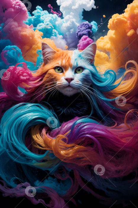 Скачать Абстрактная красочная картина, изображающая кошку в разноцветном дыму фотосток Ozero