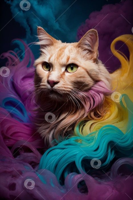 Скачать Абстрактный портрет кошки в разноцветном меху и дыму фотосток Ozero