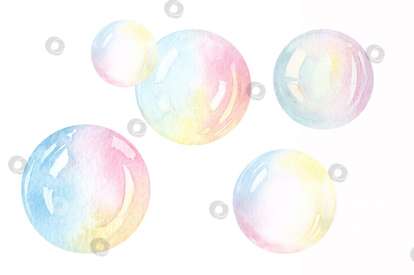 Скачать красочные мыльные пузыри, изолированные акварельной иллюстрацией. фотосток Ozero