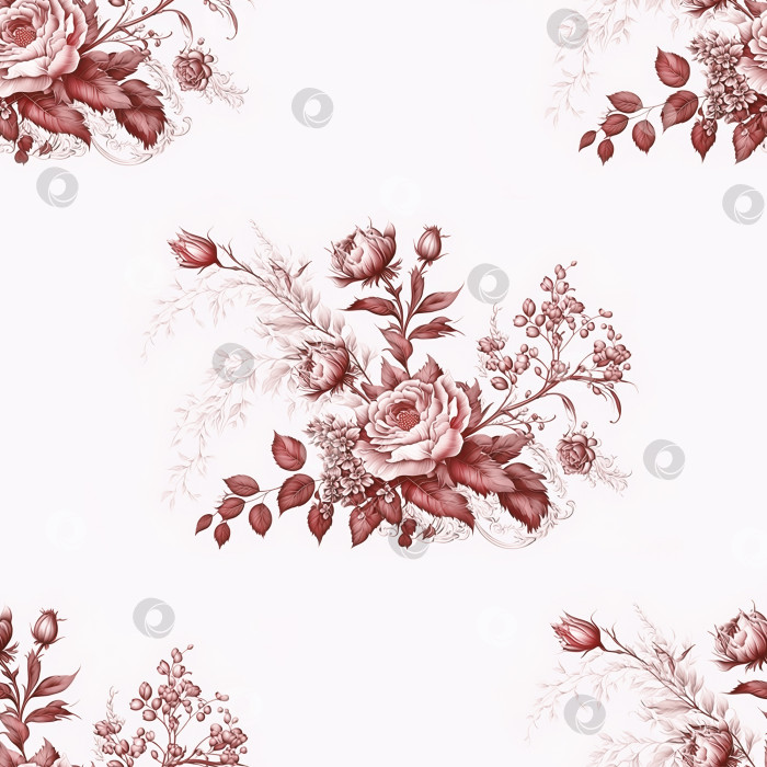 Скачать Бесшовный цветочный узор с цветочными букетами, нанесенными одним красным цветом на белом фоне фотосток Ozero