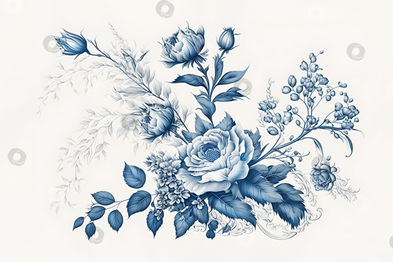 Скачать Цветочный рисунок с цветочными букетами, нанесенными одним синим цветом на белом фоне. фотосток Ozero