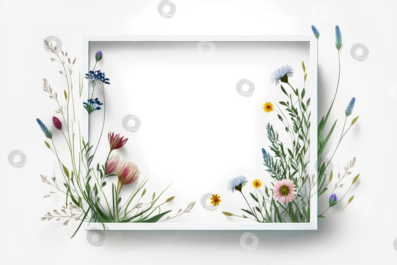 Скачать Пустая белая рамка с красивыми луговыми цветами на белом фоне фотосток Ozero