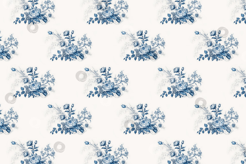 Скачать бесшовный цветочный узор с цветочными букетами, нанесенными одним синим цветом на белом фоне фотосток Ozero