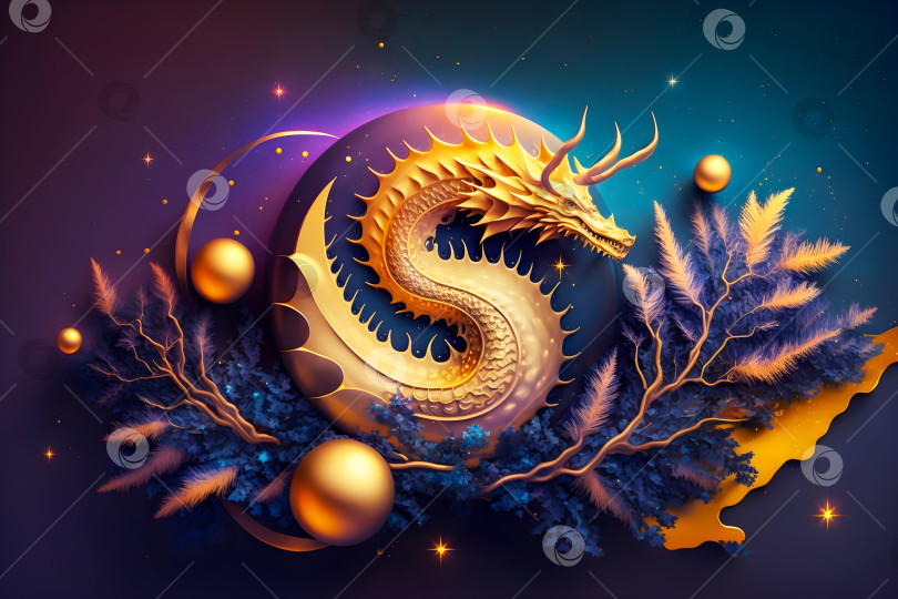 Скачать Азиатский дракон с еловыми ветвями и золотыми новогодними шарами на фиолетовом фоне фотосток Ozero