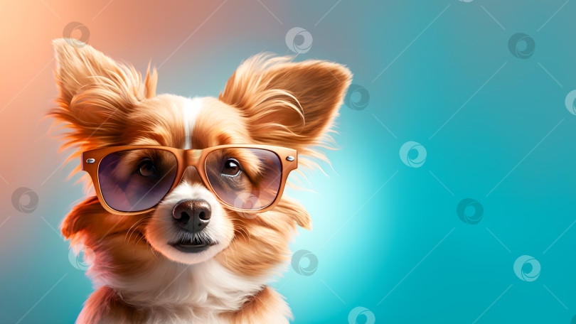 Скачать Симпатичный собачий щенок в солнцезащитных очках на градиентном фоне с пространством для копирования фотосток Ozero