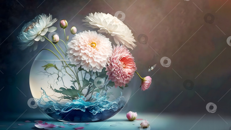 Скачать Необычный букет садовых цветов в аквариуме на градиентном фоне фотосток Ozero