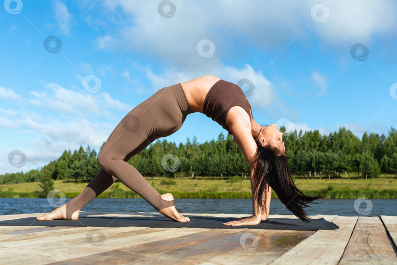 Скачать Женщина, практикующая йогу, выполняющая упражнение Каматкарасана, танцующая собака фотосток Ozero