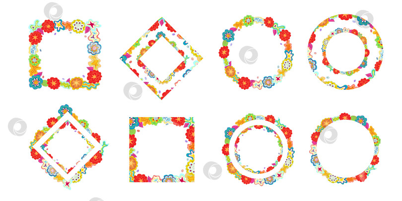 Скачать Набор цветочных венков, многоцветная прямоугольная и круглая рамка для каракулей фотосток Ozero