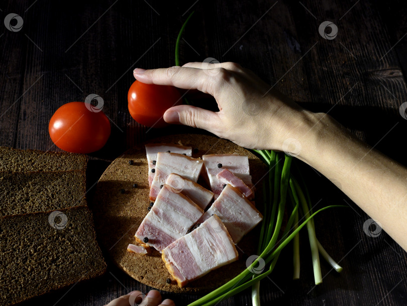 Скачать сало с черным хлебом и зеленым луком на темном фоне, русская национальная кухня фотосток Ozero