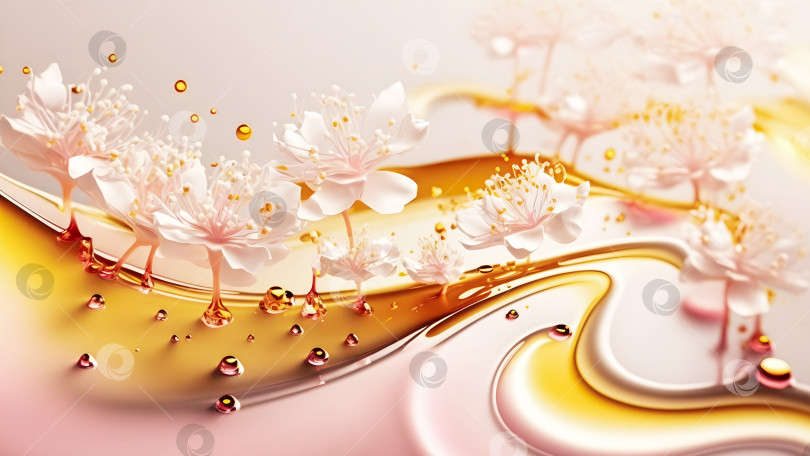 Скачать Вишневые цветы на фоне поверхности, плавно струящейся из жидкого золота фотосток Ozero