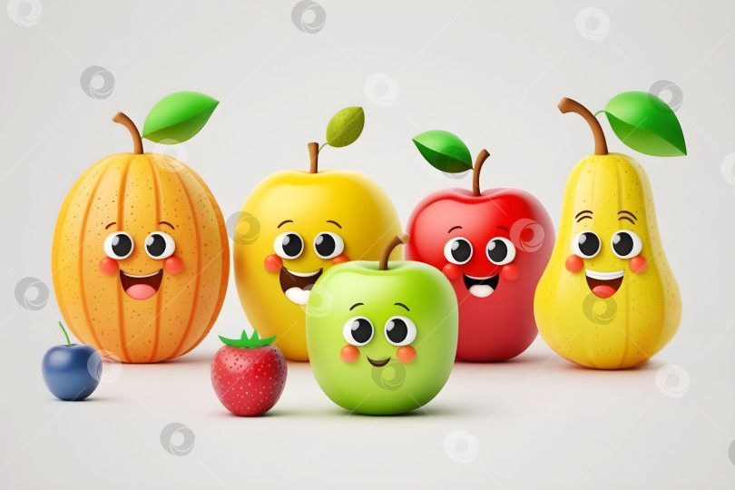 Скачать Иллюстрация талисмана с изображением милых улыбающихся фруктов и ягод на светлом фоне фотосток Ozero