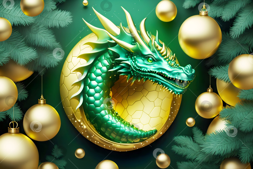 Скачать Символ традиционного азиатского дракона с еловыми ветвями и золотыми новогодними шарами фотосток Ozero