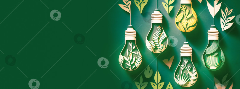 Скачать Лампочки с растениями, вырезанные из бумаги на зеленом фоне с пробелом для копирования фотосток Ozero