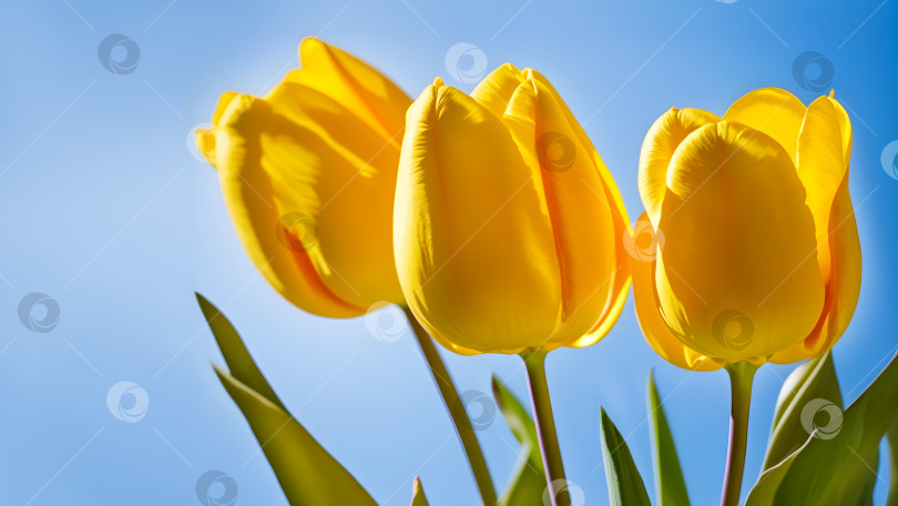 Скачать Цветочная открытка с красивыми желтыми тюльпанами на небесно-голубом фоне фотосток Ozero