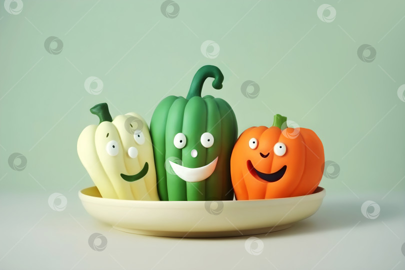 Скачать Иллюстрация персонажа-талисмана с милыми улыбающимися овощами на тарелке фотосток Ozero