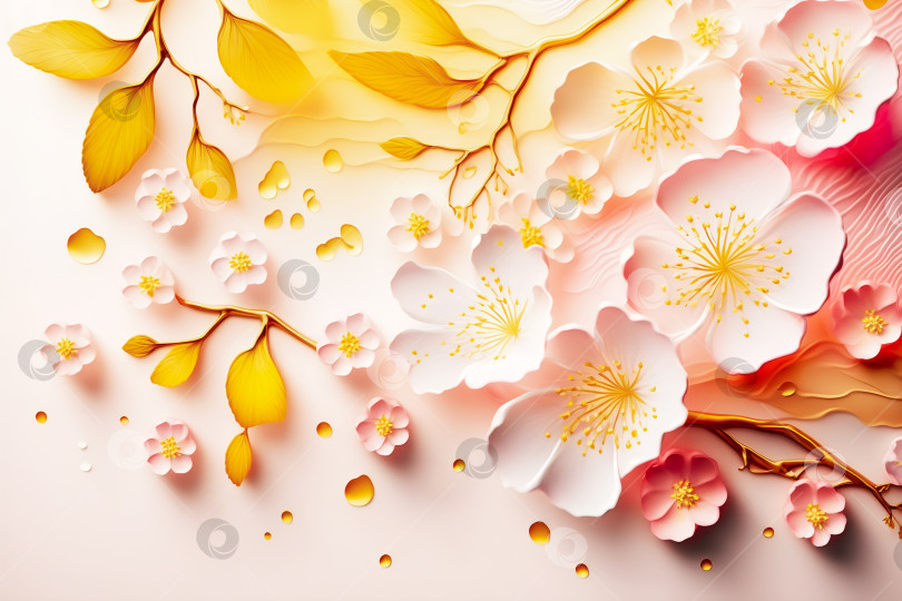 Скачать Красивая цветочная композиция с цветущей вишней на розовом градиентном фоне. фотосток Ozero