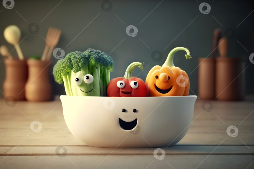 Скачать Талисман - милые улыбающиеся овощи в миске на деревянном кухонном столе фотосток Ozero
