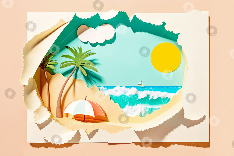 Скачать Декоративная пальма на песчаном пляже с зонтиком на фоне моря фотосток Ozero