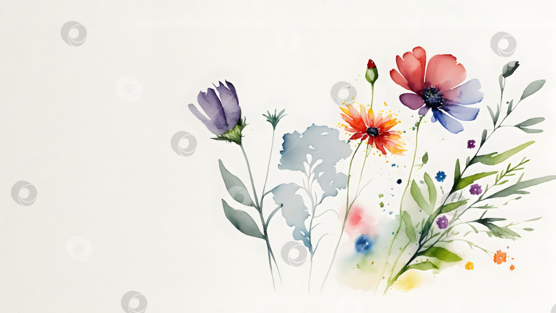 Скачать Акварельная нежность луговых цветов на фоне белой бумаги с пространством для копирования фотосток Ozero