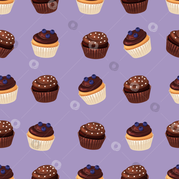 Скачать Бесшовный узор из кексов с черникой и шоколадом на фиолетовом фоне. фотосток Ozero