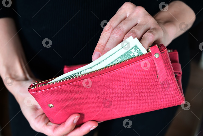 Скачать девушка держит бумажник.доллары в ее руках, покупки, кошелек, полный долларов. оплати счет фотосток Ozero
