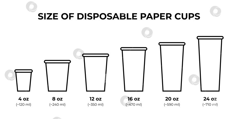 Скачать Размер одноразовых бумажных стаканчиков. Набор бокалов разных типов. Векторные простые линейные значки фотосток Ozero