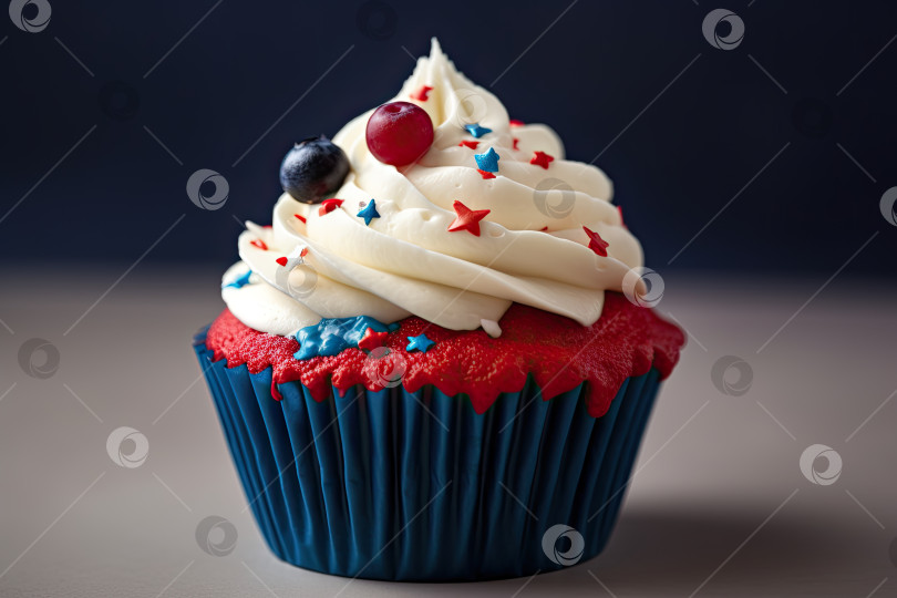 Скачать Американский красный бархатный кекс в цвете флага США на темном фоне. Еда для патриотического празднования Дня независимости. Генеративный искусственный интеллект. фотосток Ozero