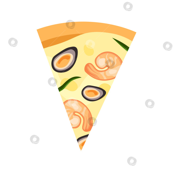 Скачать Значок ломтика пиццы с морепродуктами. Современная плоская векторная иллюстрация пиццы с мидиями креветками сыром и перцем фотосток Ozero