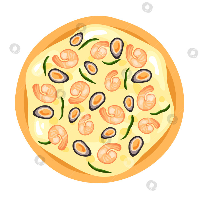 Скачать Икона пиццы с морепродуктами. Современная иллюстрация цельная пицца с мидиями креветками сыром и перцем фотосток Ozero