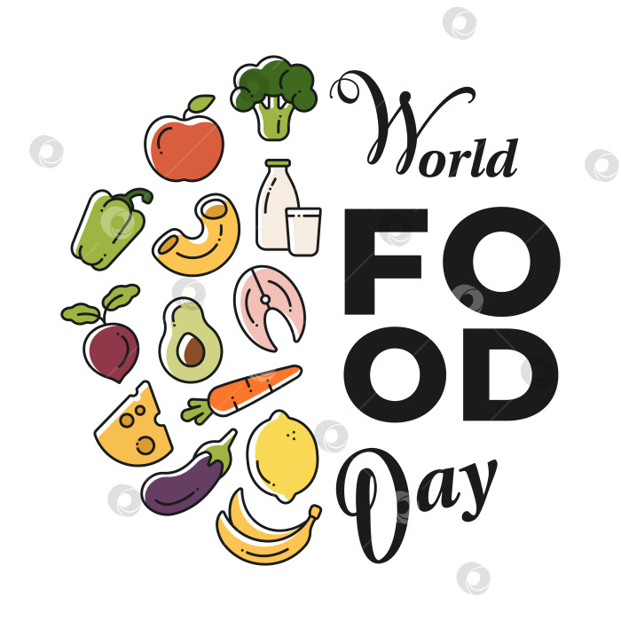 Скачать Круговой фон из значков продуктов питания. Плакат Всемирного дня продовольствия. Современная простая иллюстрация здорового питания. фотосток Ozero