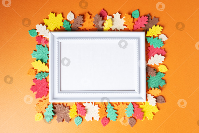 Скачать Макет белой рамки для текста с осенними листьями разных цветов, расположенными в круговой рамке фотосток Ozero