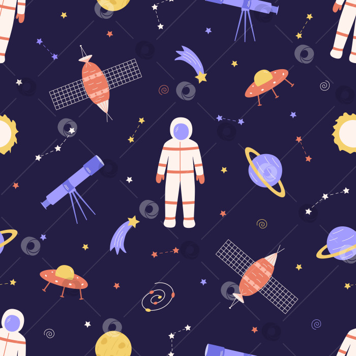 Скачать Бесшовный узор Cosmos doodle - это набор векторных иллюстраций. Значки космических элементов ракета, космонавт, звезды, спутниковый телескоп, комета. фотосток Ozero