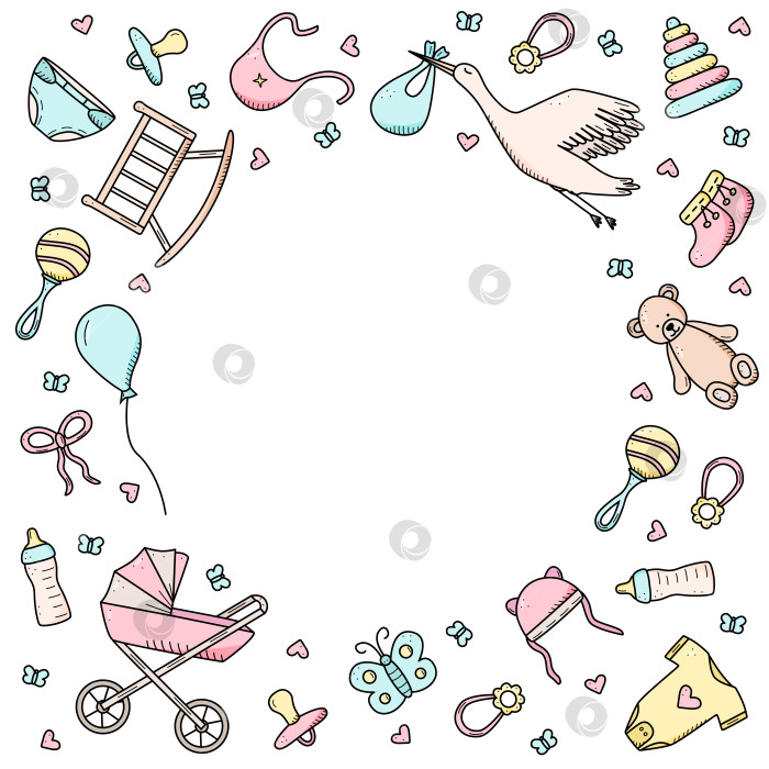 Скачать Набор иконок для новорожденных. Векторная иллюстрация элементов для маленького ребенка. детская коляска, принадлежности для ухода за ребенком, погремушки, плюшевый мишка и многое другое. фотосток Ozero